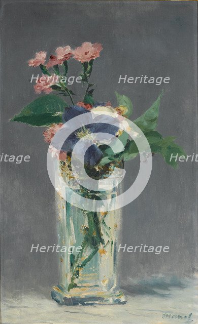 Carnations and clematis in a crystal vase, c. 1882.