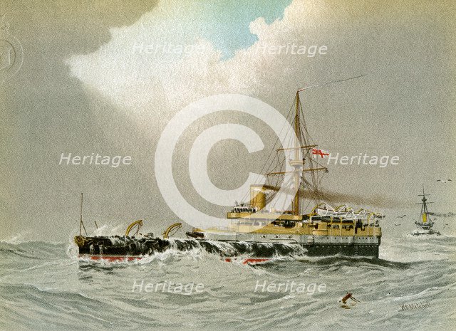 HMS 'Hero', Royal Navy 2nd class battleship, c1890-c1893.Artist: William Frederick Mitchell