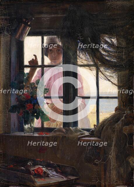 After the Bath. A Young Girl Knocking at the Fisherman's Window, 1884. Creator: Carl Bloch.