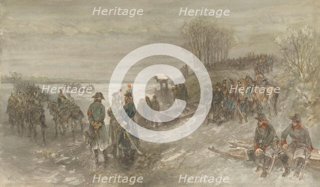 French troops cross a frozen river, 1888. Creator: Charles Rochussen.