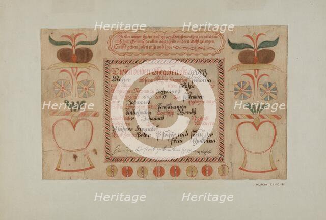 Birth Certificate (taufschein), c. 1940. Creator: Albert J. Levone.