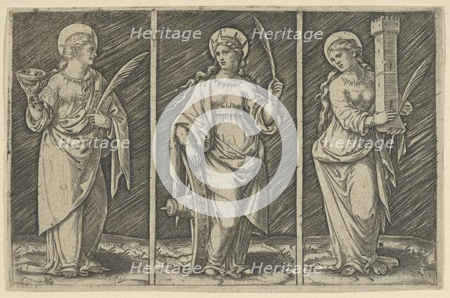 Saint Barbara (left), Saint Catherine, (center), Saint Lucy (right), ca. 1500-1527., ca. 1500-1527. Creator: Marcantonio Raimondi.