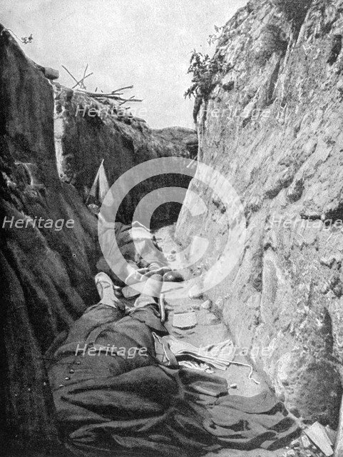 In one of the trenches of Quennevières, Battle of Champagne, 1915. Artist: Unknown