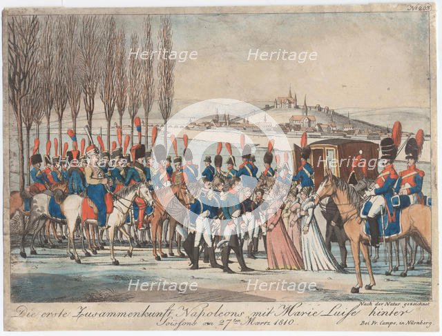 Napoleon introducing Empress Marie-Luise to his family outside pavilion near Soissons. Artist: Campe, August Friedrich Andreas (1777-1846)