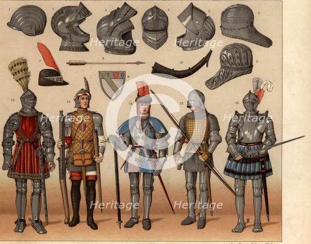 War helmets, helmets, jousts, armors and various weapons.