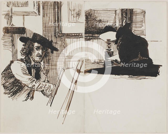 Whistler drawing Poynter; back view of a man seated at a table near a lighted lamp, 1860. Creator: Edward John Poynter.