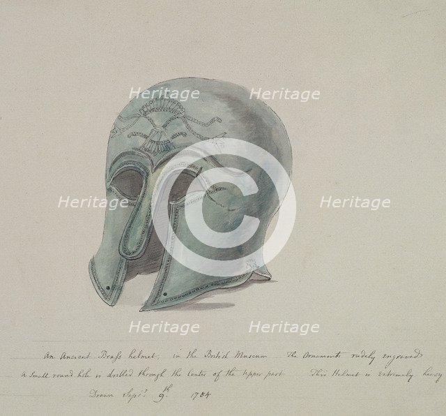 Ancient brass helmet from the British Museum, Holborn, London, 1784. Artist: William Angus