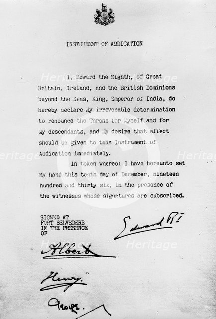 Instrument of Abdication, Fort Belvedere, 10th December 1936. Artist: Unknown