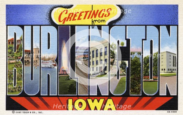 'Greetings from Burlington, Iowa', postcard, 1940. Artist: Unknown