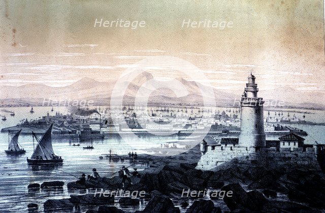 General view of the city of Cadiz and its port, engraving 1800.