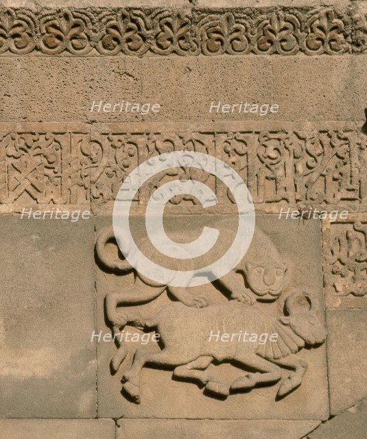 Lion attacking bull. Portal of the Ulu Camii (Great Mosque) of Diyarbakir.