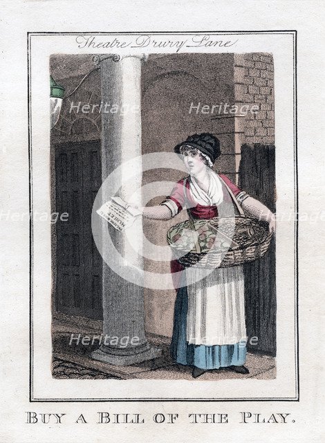 'Buy a Bill of the Play', Drury Lane Theatre, London, 1805. Artist: Unknown