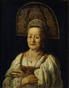 Portrait of a Merchant Woman in Kokoshnik, 1796. Artist: Drozhdin, Petro Semyonovich (1745-1805)