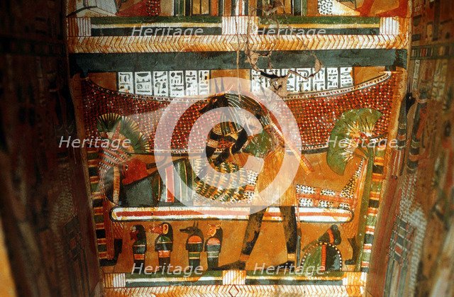 Jackal-headed god Anubis receiving dead king or noble, Ancient Egyptian. Artist: Unknown