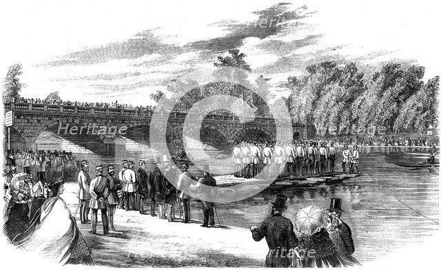 Experiments with Captain Fowke's pontoon bridge on the Serpentine, Hyde Park, London, 1860. Artist: Unknown