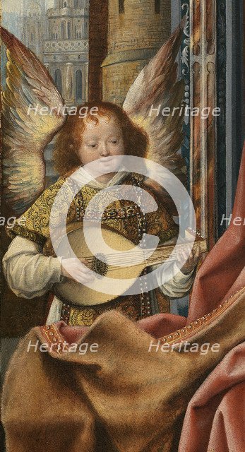 Triptych of the Holy Family with Music Making Angels. Detail: The Angel, ca 1510-1520. Artist: Master of Frankfurt (1460-ca. 1533)