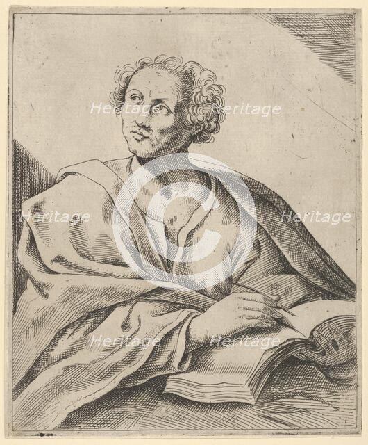 A man holding a book, about to write in it, looking upwards to the left, after Reni.., 17th century. Creator: Anon.