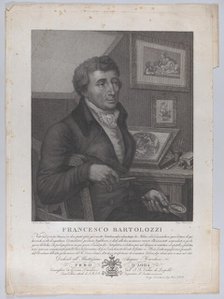 Portrait of Francesco Bartolozzi, seated, holding a magnifying glass with printmaking tool..., 1827. Creators: Luigi Rados, Roberto Focosi.
