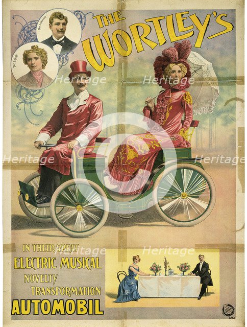 The Wortley's in their great electric musical novelty transformation Automobil, 1896. Artist: Friedländer, Adolph (1851-1904)