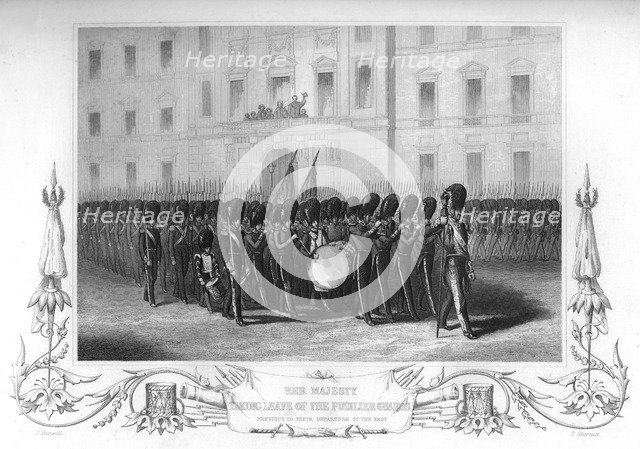 Queen Victoria (1819-1901) taking leave of the Fusilier Guards, London, 1857.Artist: T Sherratt