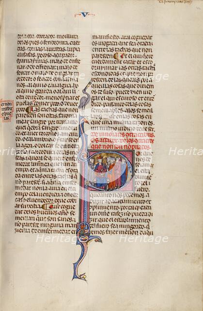 Initial P: Four Men before a King; Vidal Mayor, about 1290-1310. Creator: Unknown.