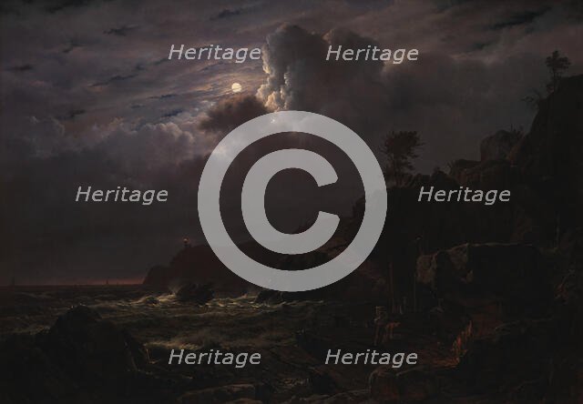 View of Kullen in Sweden, Smugglers Hiding their Goods among the Rocks, Moonlight, 1834. Creator: Louis Gurlitt.