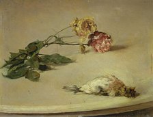 Dead Bird and Two Roses on a Table Board, 1882. Creator: Louis Eysen.