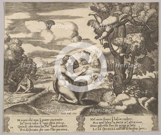 Plate 14: Cupid airborne fleeing from Psyche, from 'The Fable of Psyche', 1530-60. Creator: Master of the Die.