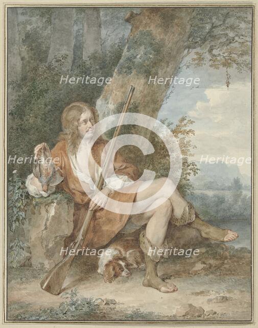 Resting hunter with musket and partridge, near a tree, 1775. Creator: Aert Schouman.