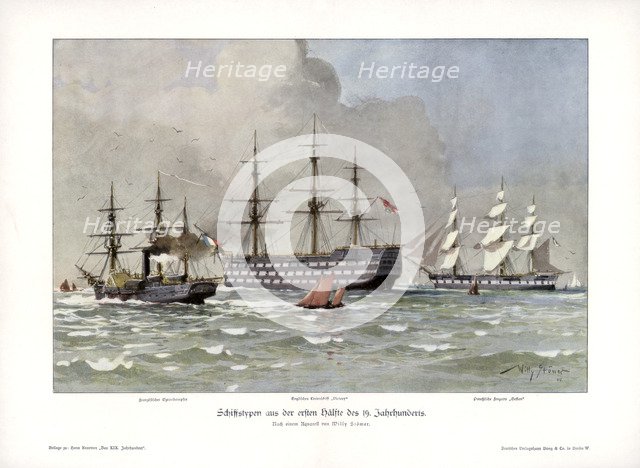 Ship types from the first half of the 19th century, (1900).Artist: Willy Stower