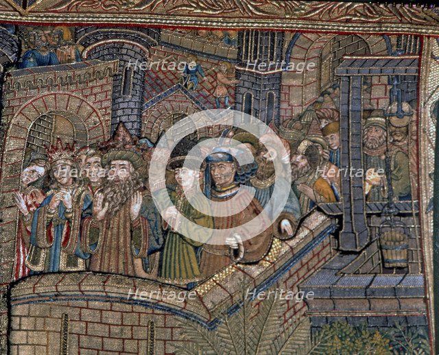 Frontal of Saint George, in linen embroidered fabric, years 1450 - 1451, detail of the walls of t…