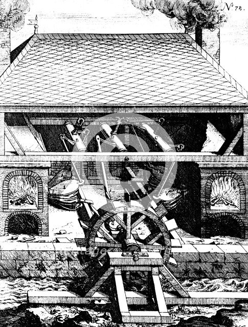 Forge with bellows driven by an undershot water wheel through cranks, 1673. Artist: Unknown