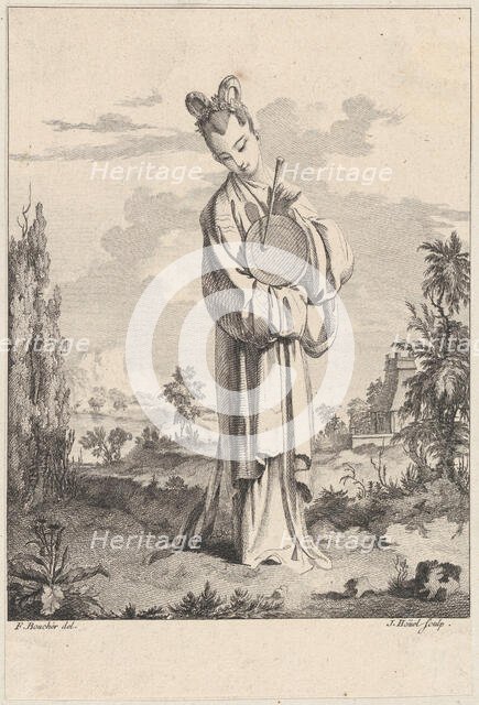 Chinoiserie with a woman playing a gong, from Suite de Figures Chinoises. . .Tiré du Ca..., 1755-76. Creator: Jean-Pierre Houel.