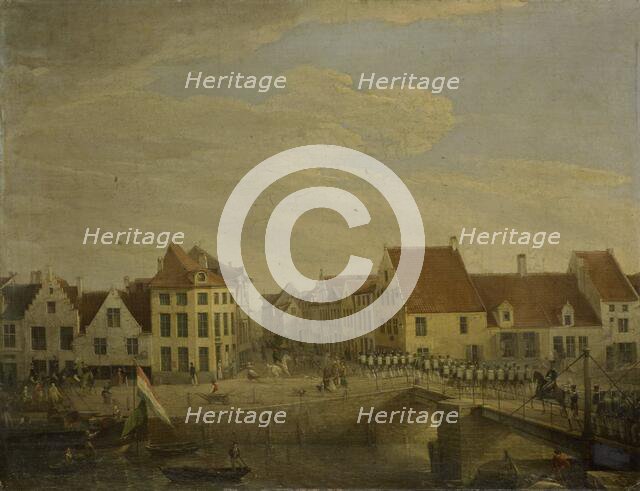 Dutch Troops passing through the Fortress of Dendermonde, c.1820. Creator: Petrus Groenia.