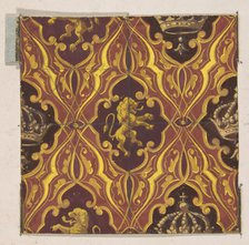 Design for wallpaper featuring rampant lions and crowns, 1830-97. Creators: Jules-Edmond-Charles Lachaise, Eugène-Pierre Gourdet.