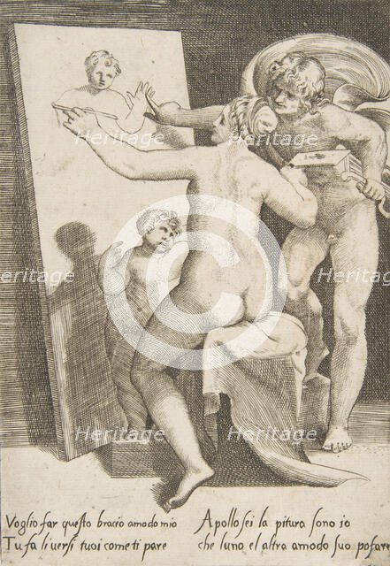 Apollo standing a beside a woman representing an allegory of painting, from 'The Loves ..., 1531-60. Creator: Giulio Bonasone.