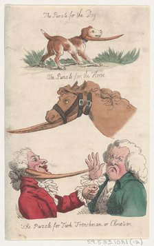 The Puzzle for the Dog; The Puzzle for the Horse; The Puzzle for Turk, Frenchman, or Chris..., 1808. Creator: Thomas Rowlandson.