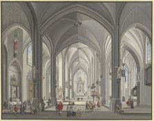 View into the interior of a Gothic hall church with many figures in 17th-century..., 1790. Creator: Johann Ludwig Ernst Morgenstern.