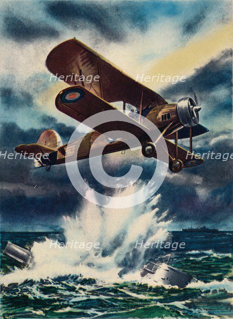 An artist's impression of a Fairey Swordfish sinking a U Boat in the North Sea, 1940. Artist: Unknown