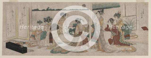 Tsukasa and Other Courtesans of the Ogiya Watching the Autumn Moon Rise..., 1799. Creator: Katsushika Hokusai (Japanese, 1760-1849).