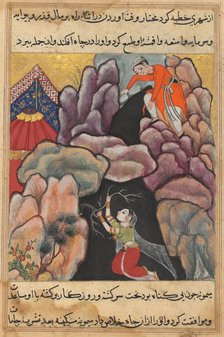 Page from Tales of a Parrot (Tuti-nama): Twenty-fifth night: Mukhtar throws his wife..., c. 1560. Creator: Unknown.