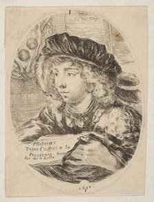 A bust of a young man wearing a cap with feathers, turned three-quarters to the left, the ..., 1650. Creator: Stefano della Bella.