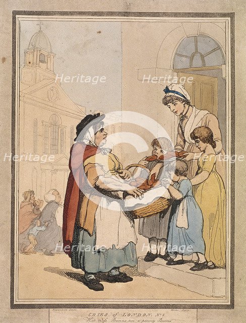 'Hot cross Bunns two a penny Bunns', plate VIII of Cries of London, 1799. Artist: H Merke