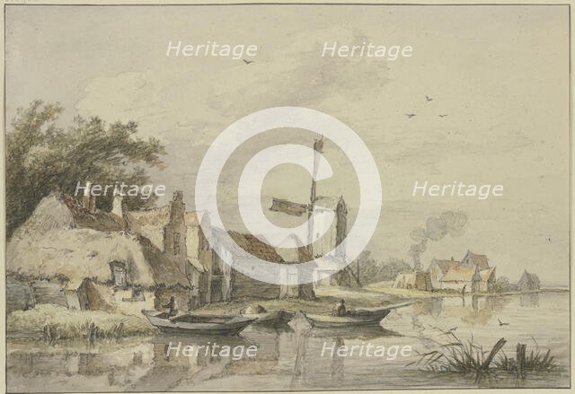 Village with a windmill by the water. Creator: Jan Hulswit.