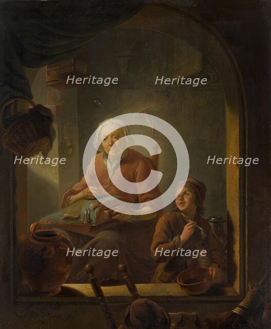 A Lacemaker, with a Boy Blowing Bubbles. Creator: Louis de Moni.