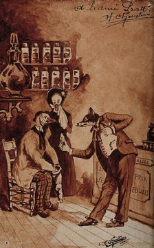 A pharmacy: the pharmacist (a fox) tries to sell medicines to a customer in pain..., 1905. Creator: LH Choustrac.