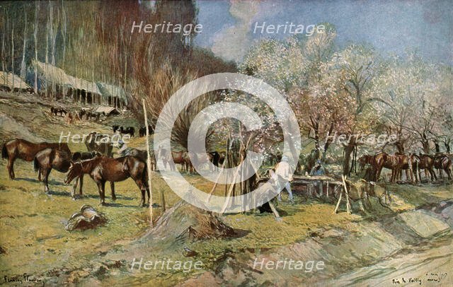 'Un campement de cavalerie pres de Vailly sous les pommiers en fleurs', 1917. Creator: Francois Flameng.