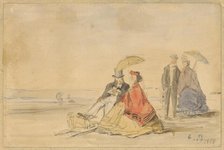 A Couple Seated and a Couple Walking on the Beach, 1865. Creator: Eugene Louis Boudin.