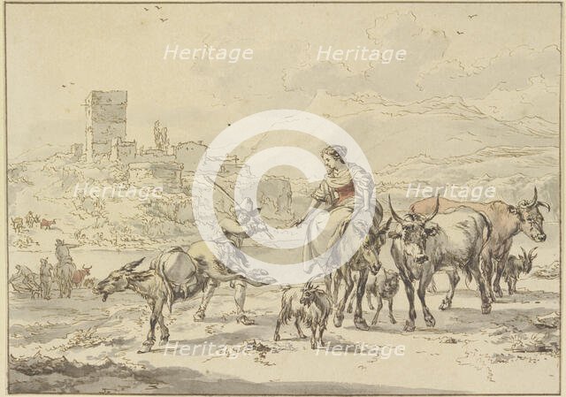 Castle ruins by a river, in the foreground a shepherdess on a donkey with cows and goats... Creator: Jan Frans Soolmaker.