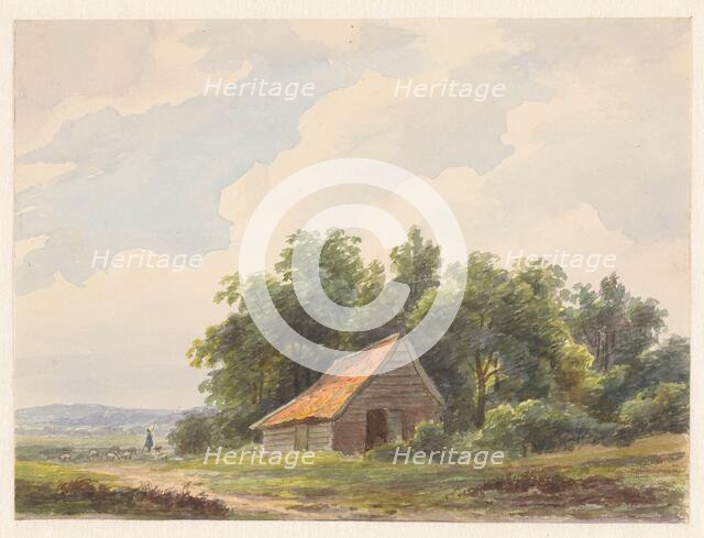 Landscape with barn and in the distance a shepherd with sheep, 1797-1870. Creator: Andreas Schelfhout.